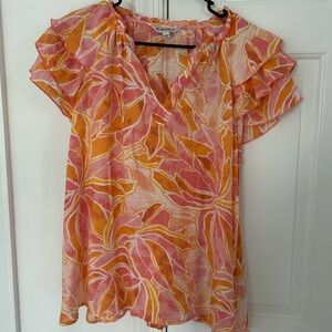 Nanette Lepore Pink & Orange Floral Ruffle V-Neck Blouse